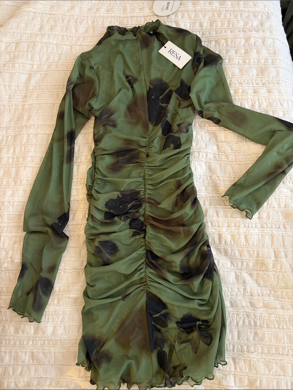 RESA Olive Green & Black Ruched Long Sleeve Dress